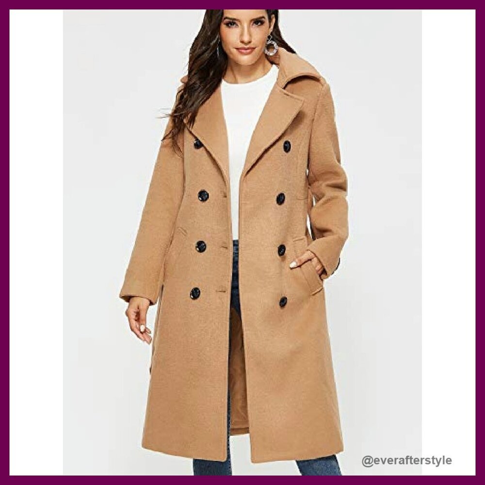 Wool Pea Coat Double Breasted Trench Classic Elegant Winter Long Coat - Picture 4 of 8